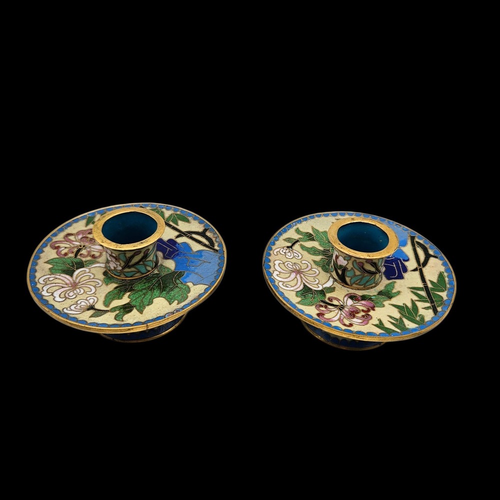 Pair of VTG Chinese Cloisonne & Brass Floral Fish Scale Taper Candle Holders 2"